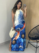 Vestido Longo Fenda Lateral Est. Pássaro Virginia
