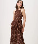 Vestido Midi em Chiffon com Estampa Poá e Babados Marrom