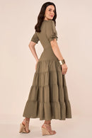 Vestido Midi em Marias com Guipir Floral Verde Militar