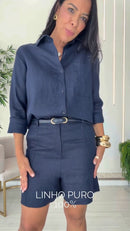 Conjunto Bermuda e Camisa 100% Linho - Azul Marinho