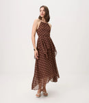Vestido Midi em Chiffon com Estampa Poá e Babados Marrom