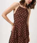 Vestido Midi em Chiffon com Estampa Poá e Babados Marrom