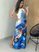 Vestido Longo Fenda Lateral Est. Pássaro Virginia