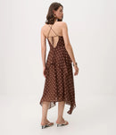 Vestido Midi em Chiffon com Estampa Poá e Babados Marrom